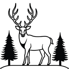 Elegant line art of a deer with large antlers standing between two pine trees