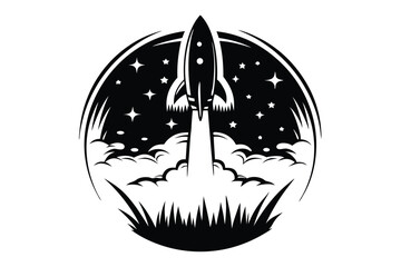 Monochromatic silhouette rocket launch with stars and smoke creates a bold space exploration scene