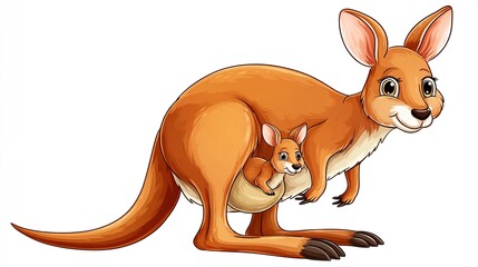 A friendly-faced, reddish-brown kangaroo carries her joey in her pouch against a white background; both are cartoonish in style