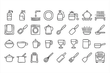 Kitchen equipment and cookware symbols, vector line art icons of dishes, glasses, mugs, and cutlery for food design