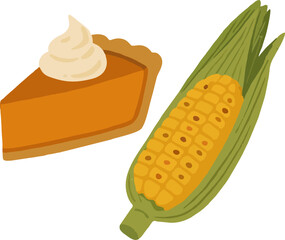Flat seasonal food (pumpkin pie, roasted corn) isolated on transparent background