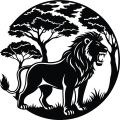 Silhouette of a roaring lion standing in a grassy field with trees in the background in black and white