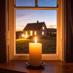 Candlelight through a window at dusk