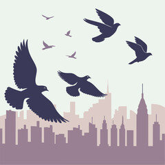 Birds flying over the city skyline with skyscrapers and buildings in the background in a vector illustration