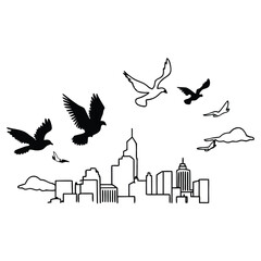Fototapeta premium Monochrome illustration of birds flying over a city skyline with clouds and simple buildings