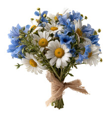 A bouquet of daisies and blue flowers