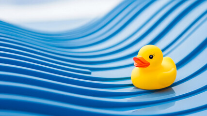 Bright Yellow Rubber Duck Floating on Abstract Blue Wavy Lines
