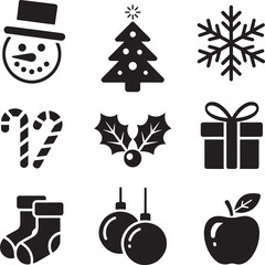 Fototapeta premium Black holiday silhouette icon set featuring christmas symbols like snowman, tree, snowflake, gift, stocking, and ornaments.