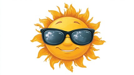 Cartoon sun with sunglasses, smiling face, and yellow rays