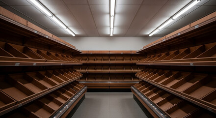 Obraz premium Completely empty wooden grocery store shelves under fluorescent lights symbolizing shortage crisis and consumer goods scarcity