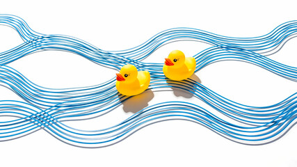 Two Rubber Ducks Floating on Intersecting Abstract Blue Wave Lines
