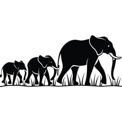 A family of elephants walks in a line across the savanna, , with tall grass