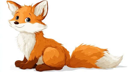 Cartoon fox sits facing left, smiling with white ears and tail tip, orange fur