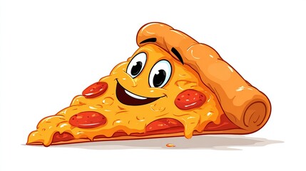 Cartoon pizza slice with a happy face, featuring melted cheese and pepperoni