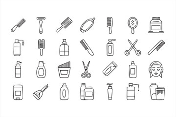 Beauty and hairdressing tools vector pack, line art icons of salon equipment, shaving accessories, and cosmetic bottles