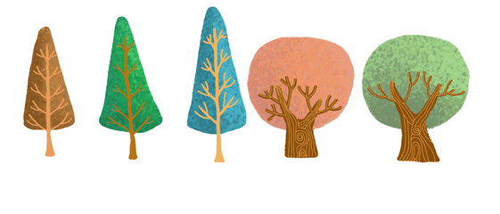 Collection of stylized forest trees in various shapes and colors