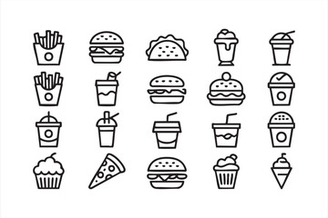 Fast food restaurant menu symbols, line art vector pack of burgers, fries, shakes, tacos, pizza, and drinks