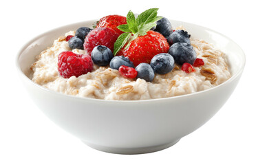 Bowl of oatmeal topped with berries and mint