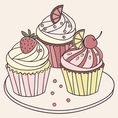 Three cupcakes with frosting and toppings on a plate illustration