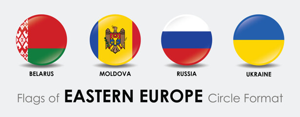 Flags of Eastern Europe displayed in circle format, showcasing national symbols of Belarus, Moldova, Russia, and Ukraine