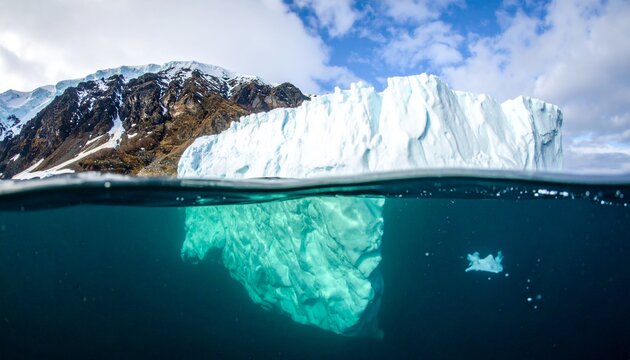 iceberg in antarctica half under water and half in the upper side of the water