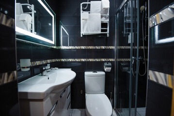 Modern Bathroom with Black Tiles and Glass Shower