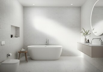 Modern bathroom interior featuring a freestanding bathtub, floating vanity with a round mirror, toilet, and a small wooden stool, all in a minimalist white color scheme.