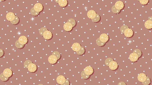 A playful and seamless pattern featuring cute cartoon biscuits, crackers, and cookies decorated with polka dots