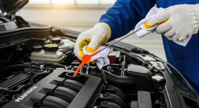 Mechanic Checking Car Oil Level with Dipstick and Cloth in Garage