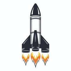 Single black rocket blasts upward leaving trails of flames, a powerful monochrome vector