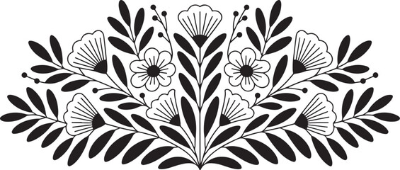 Symmetrical black floral ornament with outlined flowers and leaves in mirrored botanical design on white background.
