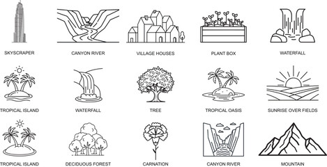 Nature Line Icons Set for Travel and Tourism Logo Design with Skyscraper, Canyon River, Village Houses, Plant Box, Waterfall