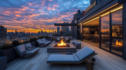 Beautiful sunset views over city river and beach with bone fire at center
