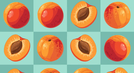 Illustration of ripe apricots, some whole and some cut open to reveal the pit, arranged in a grid pattern.