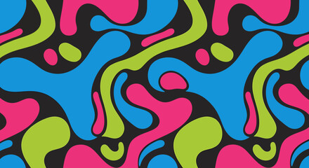 Vibrant abstract seamless pattern with organic blob shapes in pink, blue, and green on a dark background, evoking a retro psychedelic style.