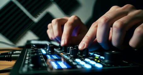 DJ mixing music on sound mixer controller at night club party, entertainment - Powered by Adobe