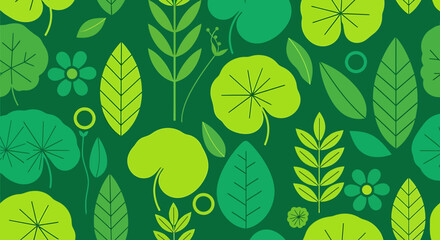 Vibrant botanical illustration featuring various green leaves, flowers, and circular elements on a dark green background.