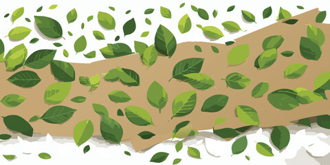 Green leaves and recycled kraft paper blending together in an artistic pattern, symbolizing eco-friendly ideas and harmony with nature.