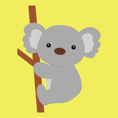Cute koala bear clinging to a tree branch against a vibrant yellow backdrop