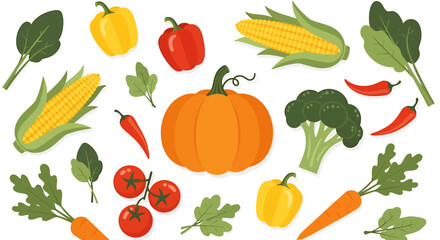 Illustration of various fresh vegetables including pumpkin, corn, peppers, tomatoes, and broccoli.
