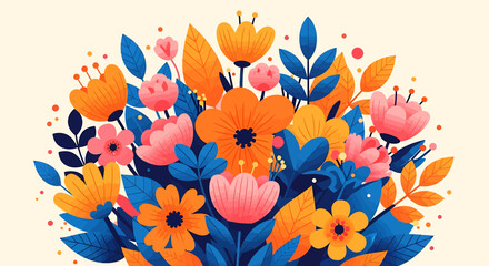 Vibrant stylized floral bouquet illustration with orange, pink, and blue flowers and leaves on a light background, exuding cheerfulness.