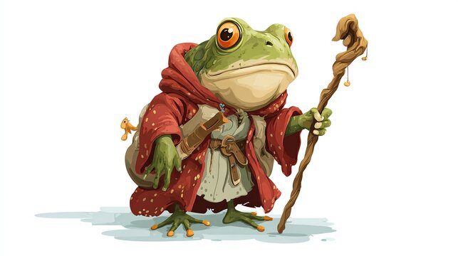 A whimsical illustration of a large green frog wearing a red hooded robe, a satchel, and carrying a walking stick, standing on a small patch of ground against a white background