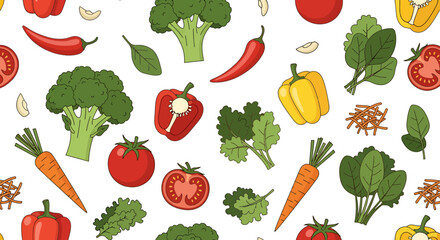 A vibrant and colorful seamless pattern featuring a variety of fresh vegetables like broccoli, carrots, tomatoes, bell peppers, and chili peppers, perfect for culinary or health-related designs.