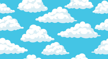 Cartoon illustration of a blue sky filled with fluffy white clouds, creating a cheerful and bright atmosphere.