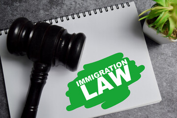 Concept of immigration law write on book with gavel isolated on Wooden Table.