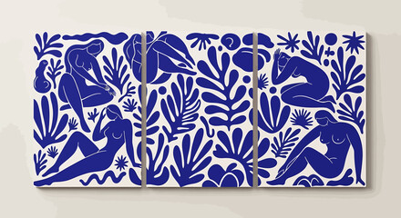 Artistic blue and white triptych featuring stylized female figures amidst botanical motifs, creating a decorative composition.