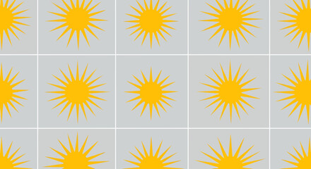 A pattern of yellow sunbursts on a gray grid background.