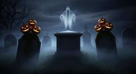 An ominous scene at a cemetery at night: a ghost with glowing eyes hovers in the fog above the central tombstone. Creepy lantern pumpkins with terrifying faces are placed on the sides of old