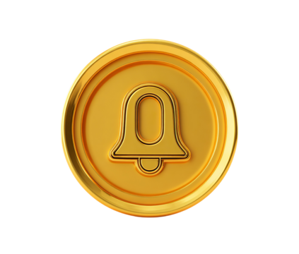Golden Bell Icon Coin isolated on a transparent background