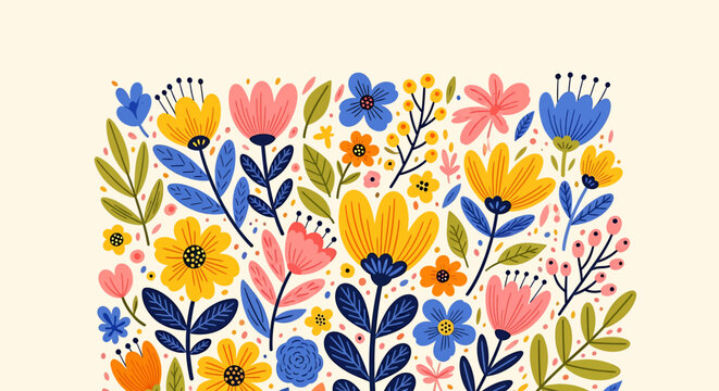 Vibrant and colorful floral pattern with stylized flowers and leaves on a light background, perfect for spring and summer designs.